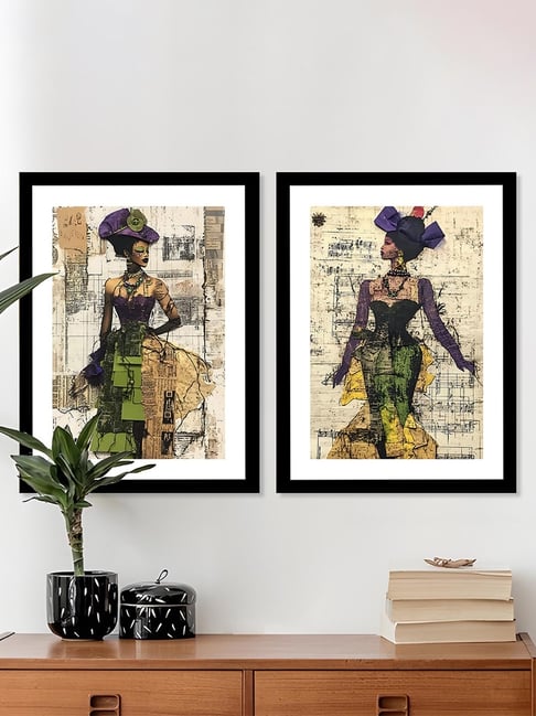 Buy Art Street Beige Wood Vintage Woman Wall Art Painting - Set of