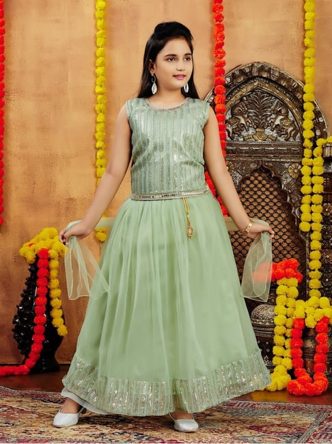 Aarika Girls Green Embroidered Lehenga Choli Set
