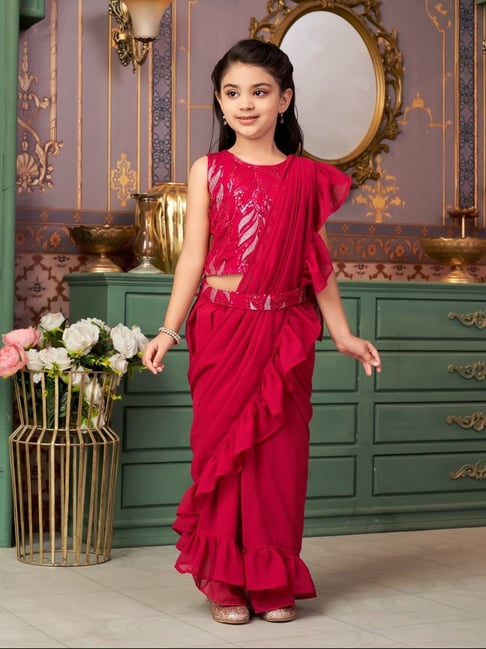 Aarika Girls Red Embroidered Lehenga Choli Set