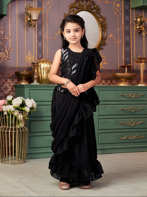 Aarika Girls Black Embroidered Lehenga Choli Set