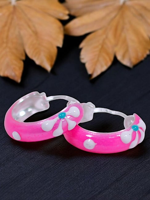 Taraash 925 Sterling Silver Pink & White Enamel Flower Design Hoop Earring For Women