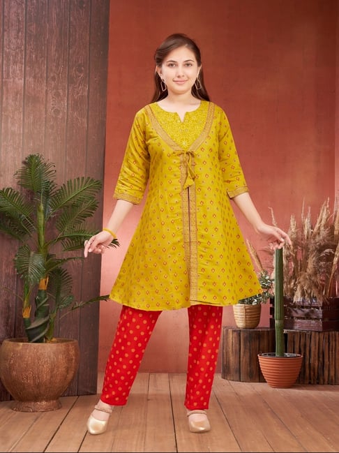 Aarika Girls Yellow Printed Kurti Set-picture-36