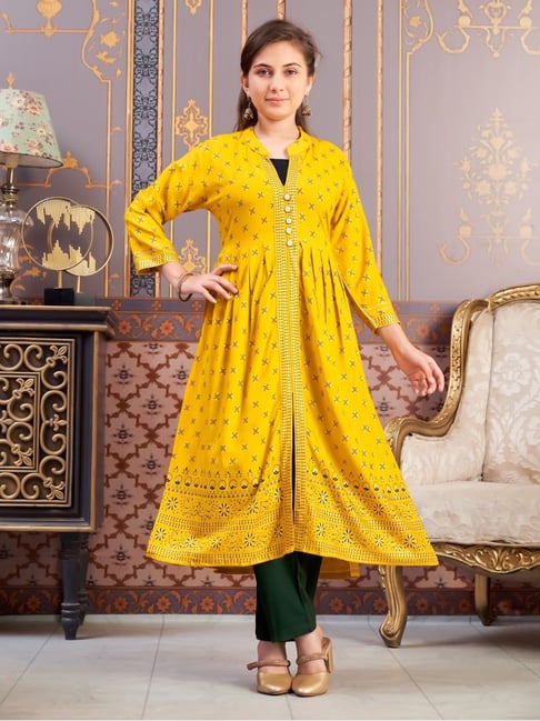 Aarika Girls Yellow Printed Kurti Set-picture-16