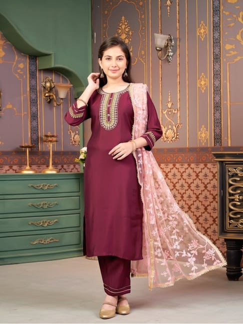 Aarika Girls Maroon Embroidered Kurti Set-picture-22