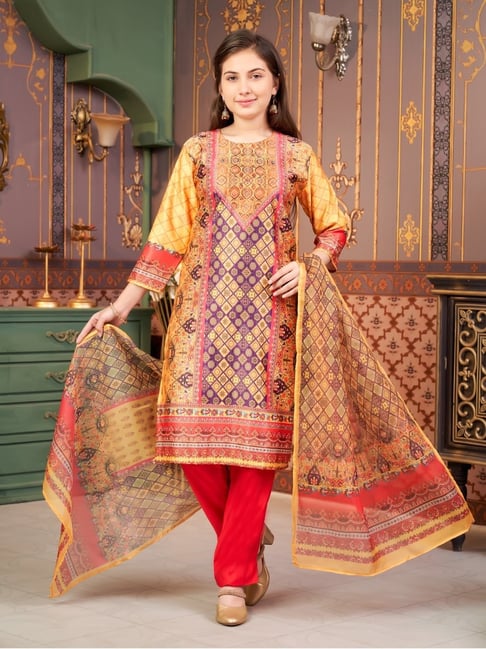 Aarika Girls Yellow Printed Kurti Set-picture-47