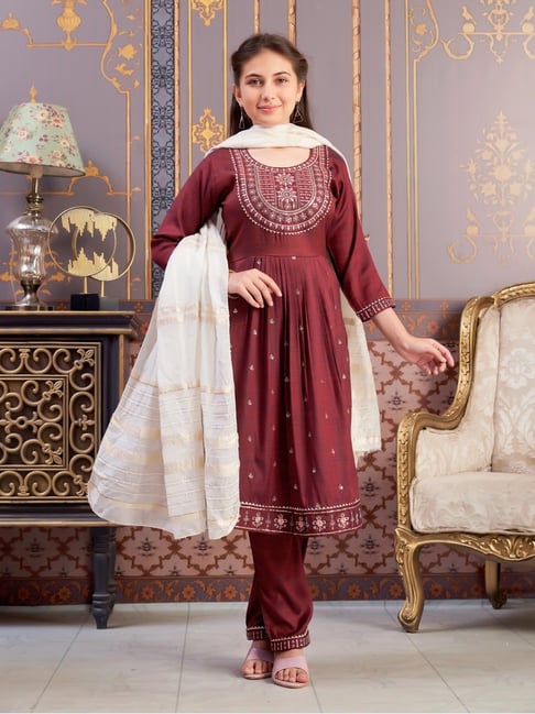 Aarika Girls Maroon Embroidered Kurti Set-picture-29