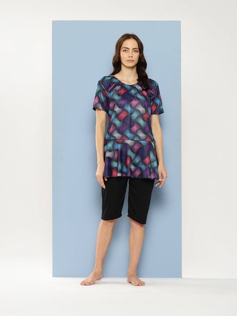 Aarika Black Nylon Printed Short Sleeves Swimsuit With Cap