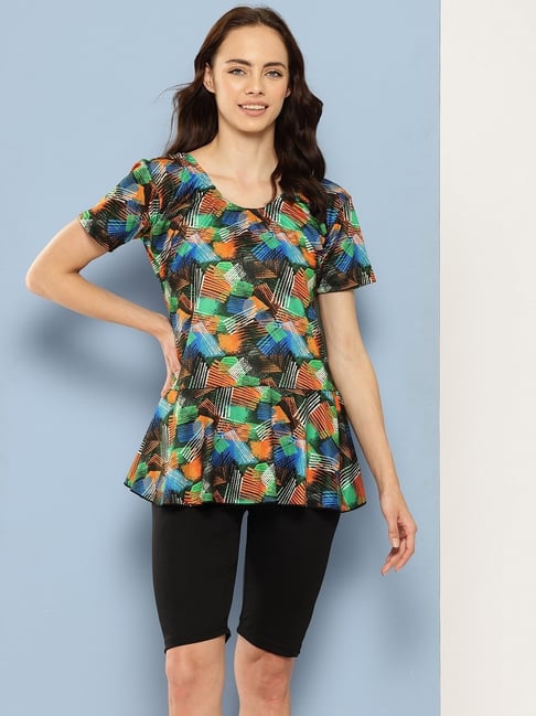 Aarika Orange Nylon Printed Short Sleeves Swimsuit With Cap-picture-12