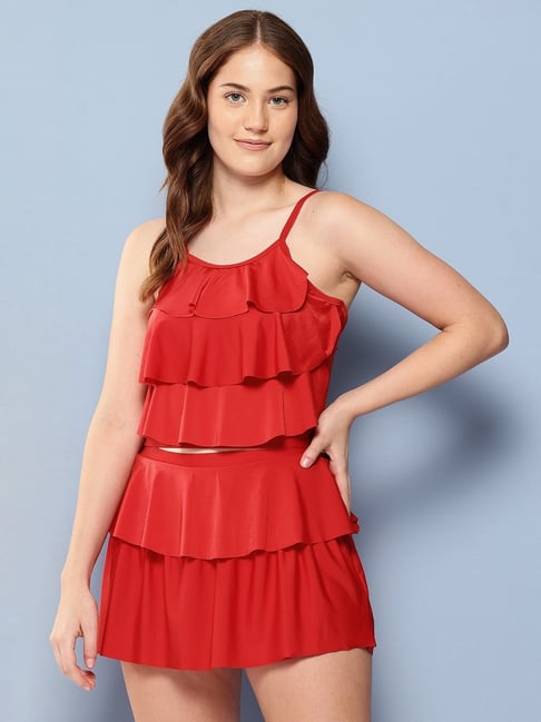 Aarika Red Nylon Solid Sleeveless Swimsuit