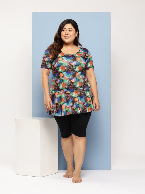 Aarika Orange Nylon Printed Short Sleeves Swimsuit With Cap-picture-10