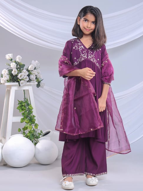 Misbis Girls Wine Comfort Fit Embroidered Kurta Set-picture-48