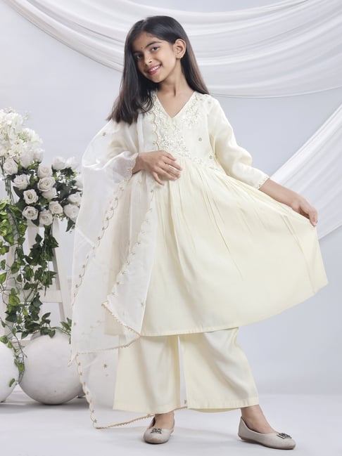 Misbis Girls White Comfort Fit Embroidered Kurta Set-picture-20