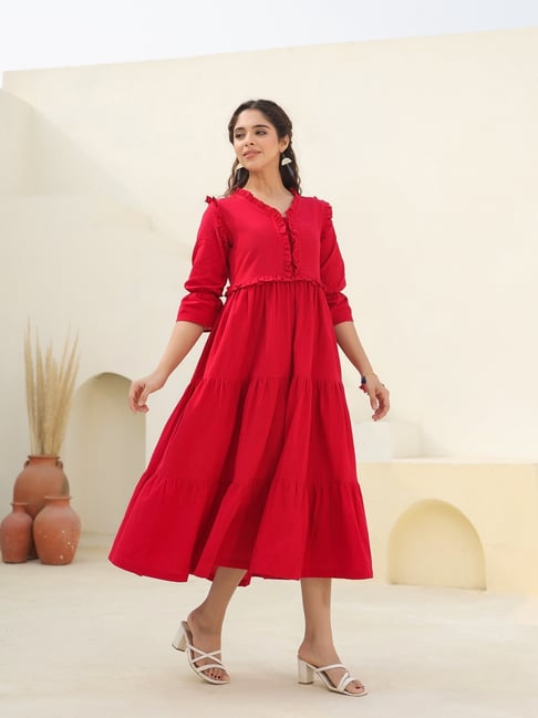 Rain and Rainbow Red Pure Cotton Solid Midi Dress