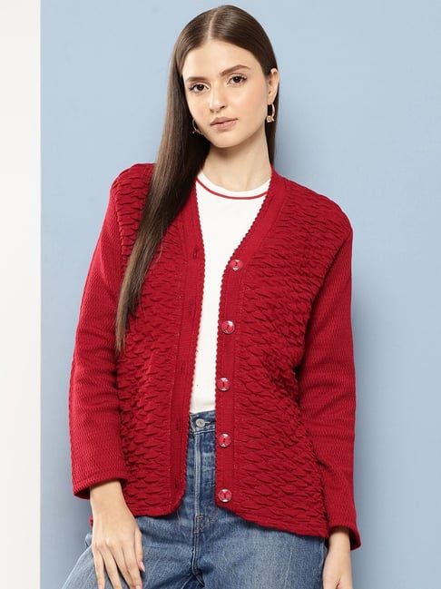 Aarika Red Woolen Solid Long Sleeves Cardigan