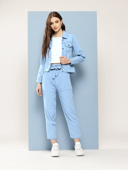 Aarika Blue Denim Solid Long Sleeves Top with Jacket and Jeans
