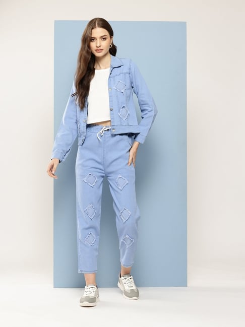Aarika Blue Denim Solid Long Sleeves Top with Jacket and Jeans