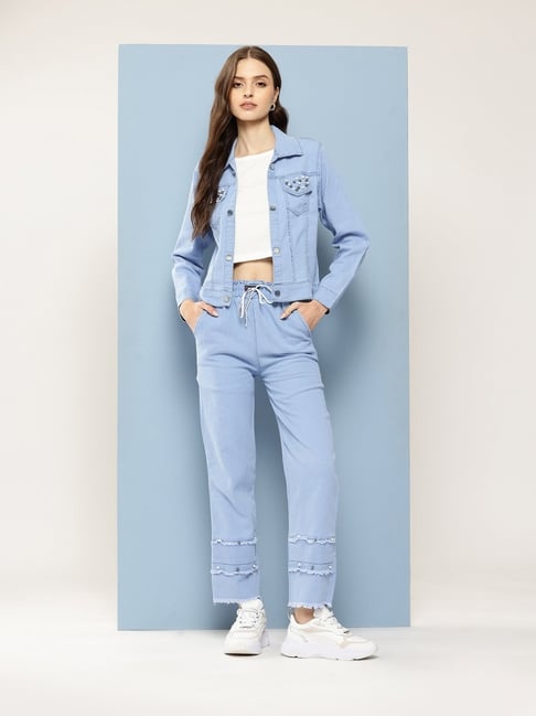 Aarika Blue Embellished Long Sleeves Top with Jacket and Jeans