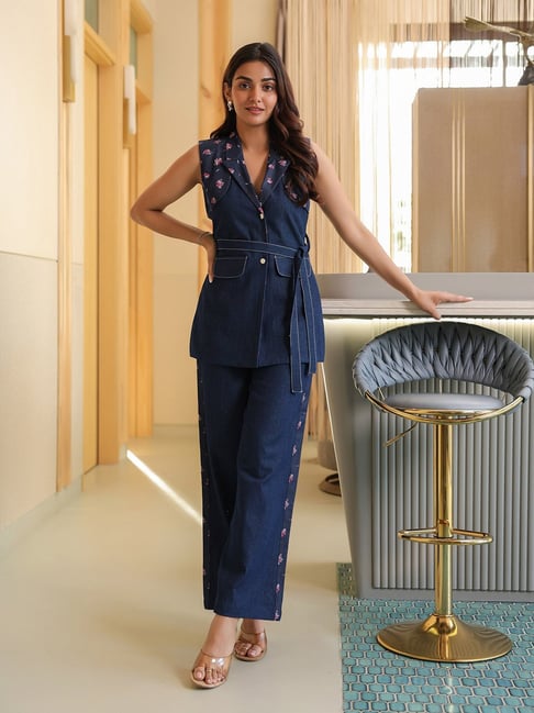 BInfinite Keep It Casual Blue Denim Comfort Fit Blazer Pant set