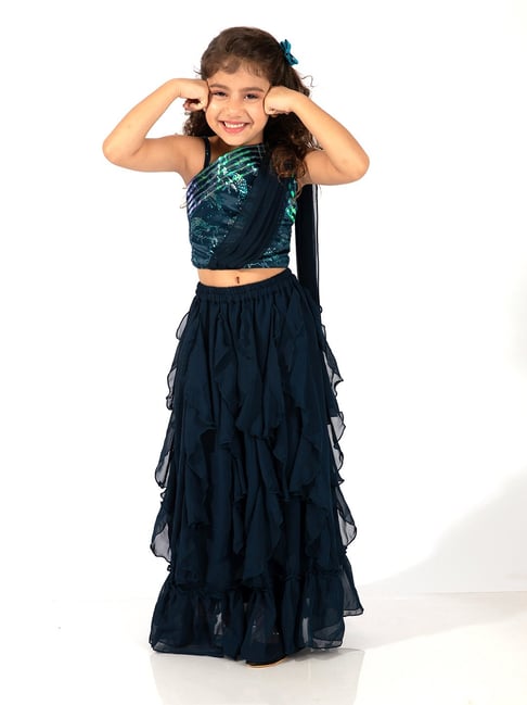 Elaisha Girls Blue Regular Fit Embellished Lehenga Choli