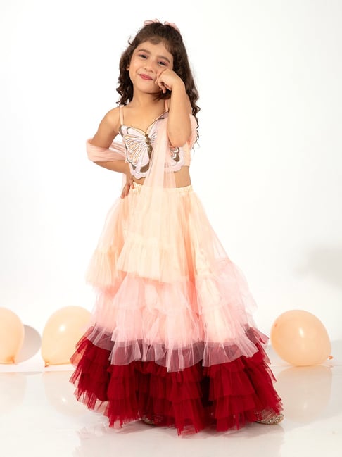 Elaisha Girls Peach Regular Fit Lehenga Choli
