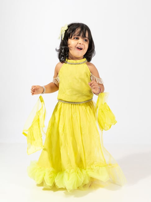 Elaisha Girls Lemon Yellow Regular Fit Lehenga Choli