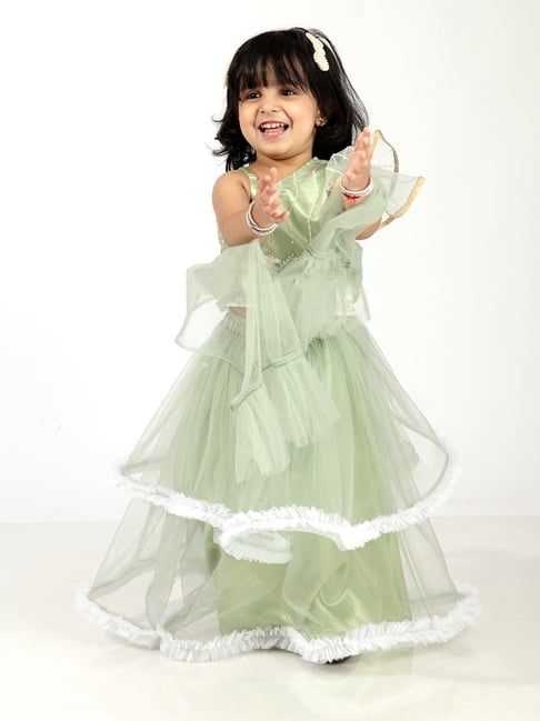 Elaisha Girls Green Regular Fit Lehenga Choli