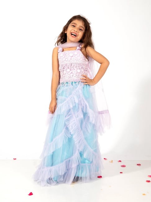 Elaisha Girls Mauve & Pastle Green Regular Fit Embellished Lehenga Choli