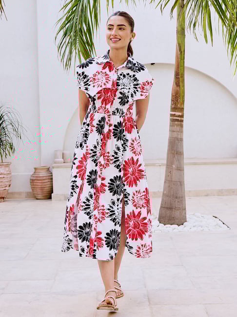 Buy House Of Fett White Cotton Comfortable Fit Printed Dress for