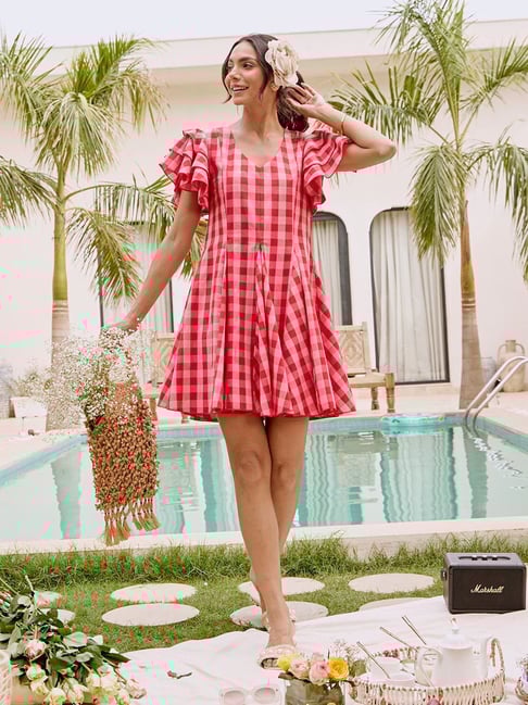 Buy House Of Fett Red Cotton Comfortable Fit Checks Dress for