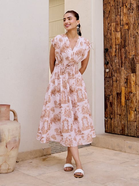 House Of Fett Ivory Linen Comfortable Fit Printed Dress