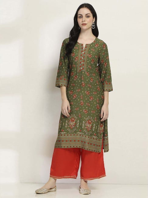 Rangriti Olive Viscose Rayon Straight Kurta-picture-12