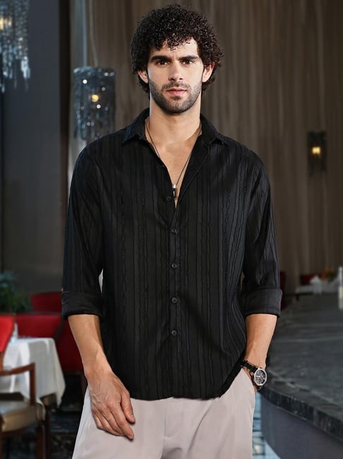 Campus Sutra Black Poly Spandex Regular Fit Stripes Shirt-picture-47