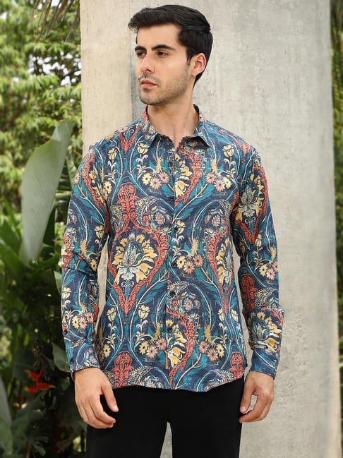 Campus Sutra Blue Polycotton Regular Fit Printed Shirt-picture-34