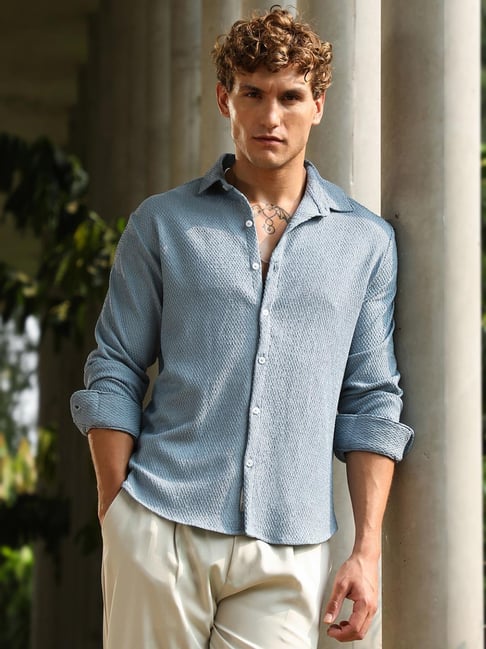 Campus Sutra Blue Polycotton Regular Fit Textured Shirt-picture-35
