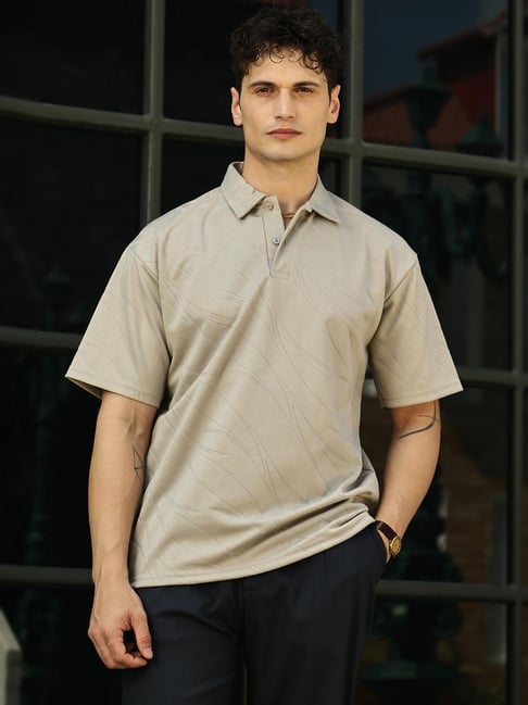 Campus Sutra Beige Polycotton Regular Fit Textured Polo T-Shirt-picture-19