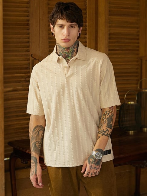 cahoot Campus Sutra Beige Polycotton Regular Fit Textured Polo T-Shirt-picture-10