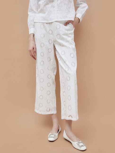 Fame Forever By Lifestyle Off White Cotton Regular Fit Embroidered Trousers-picture-21