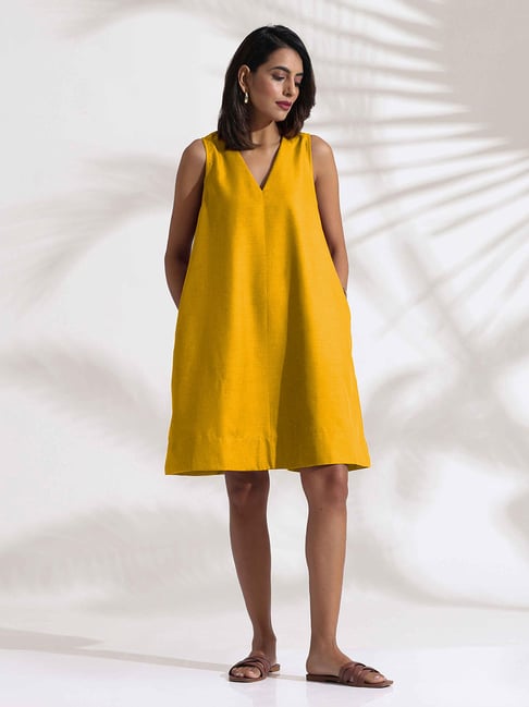 Buy truebrowns Mustard Cotton-Poly A-Line Fit Solid Short Dress