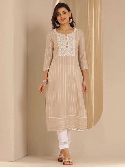 Libas Beige Cotton Straight Fit Embroidered Kurtas-picture-48