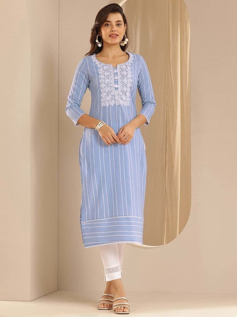Libas Blue Cotton Straight Fit Embroidered Kurta-picture-28