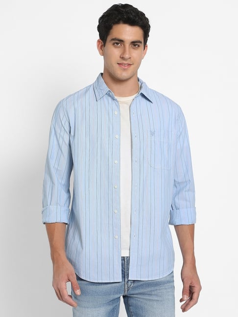 American Eagle Blue Cotton Slim Fit Striped Shirt-picture-43