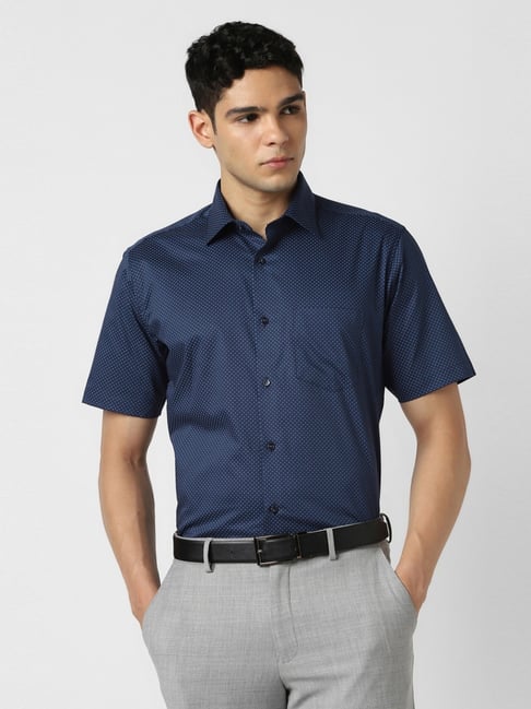 van heusen navy cotton regular fit printed shirt