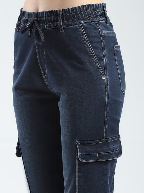 Monte Carlo Blue Cotton Blend Solid Cargo Jeans