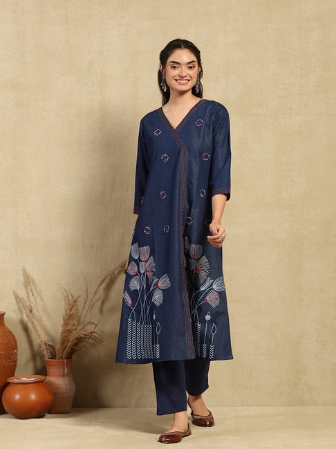House Of Chikankari Navy Blue Denim Straight Fit Printed Long Kurta-picture-37