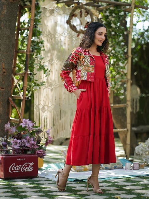 open lace back dress Buy VRD Fabric Women's Designer Long Gown with Printed Beautiful Jacket Red  Kurta Jacket Set for Women at Amazon.in