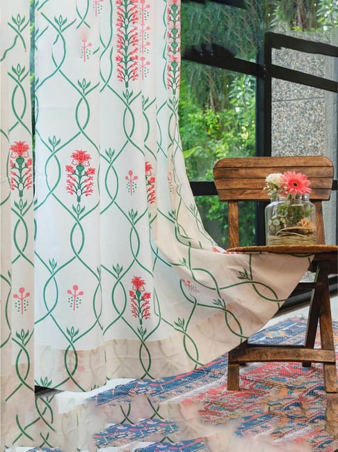 Urban Space Pink & Green Cotton Printed Door Curtain with Eyelets & Tieback - Set of 2 (8 ft)-picture-34