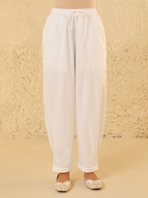 House Of Chikankari White Cotton Straight Fit Solid Pants-picture-25