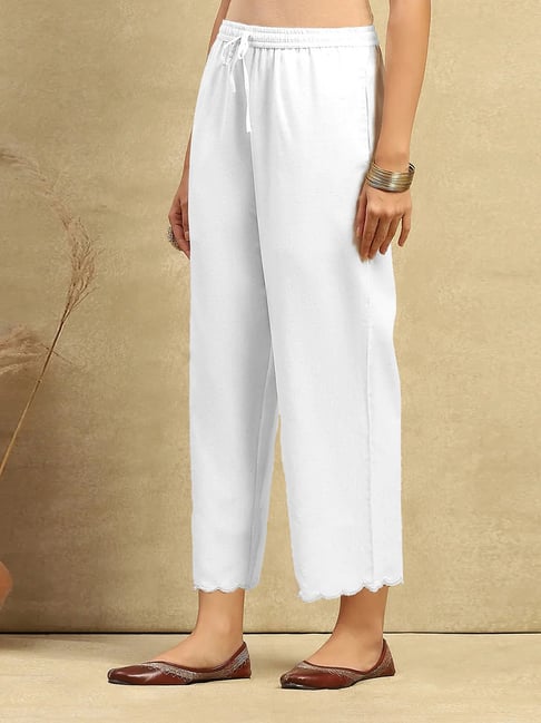 House Of Chikankari White Cotton Straight Fit Solid Pants-picture-33
