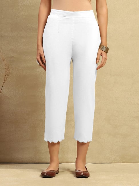 House Of Chikankari White Cotton Straight Fit Solid Pants-picture-44