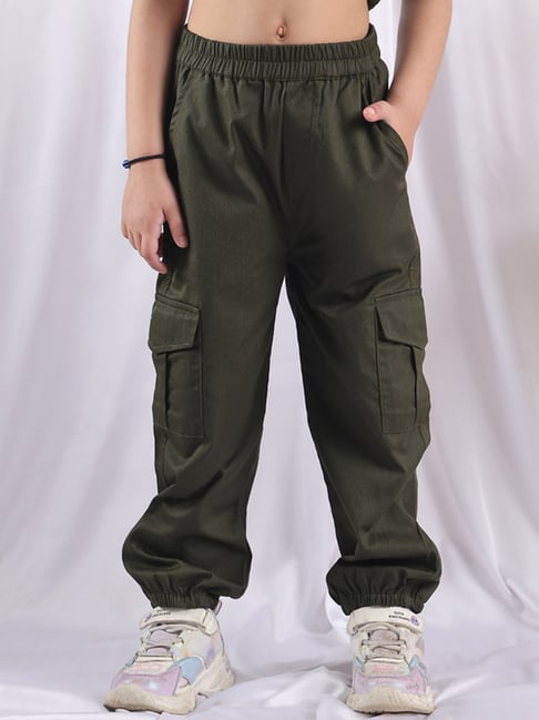 NEUDIS Girls Olive Cotton Cargo Pants with Pockets